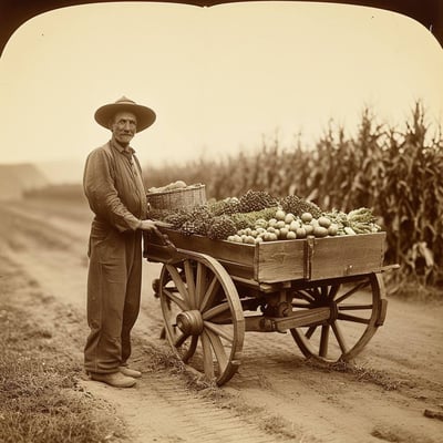 farmer selling produce from the back of a wagon in the 1800s, sepiatone