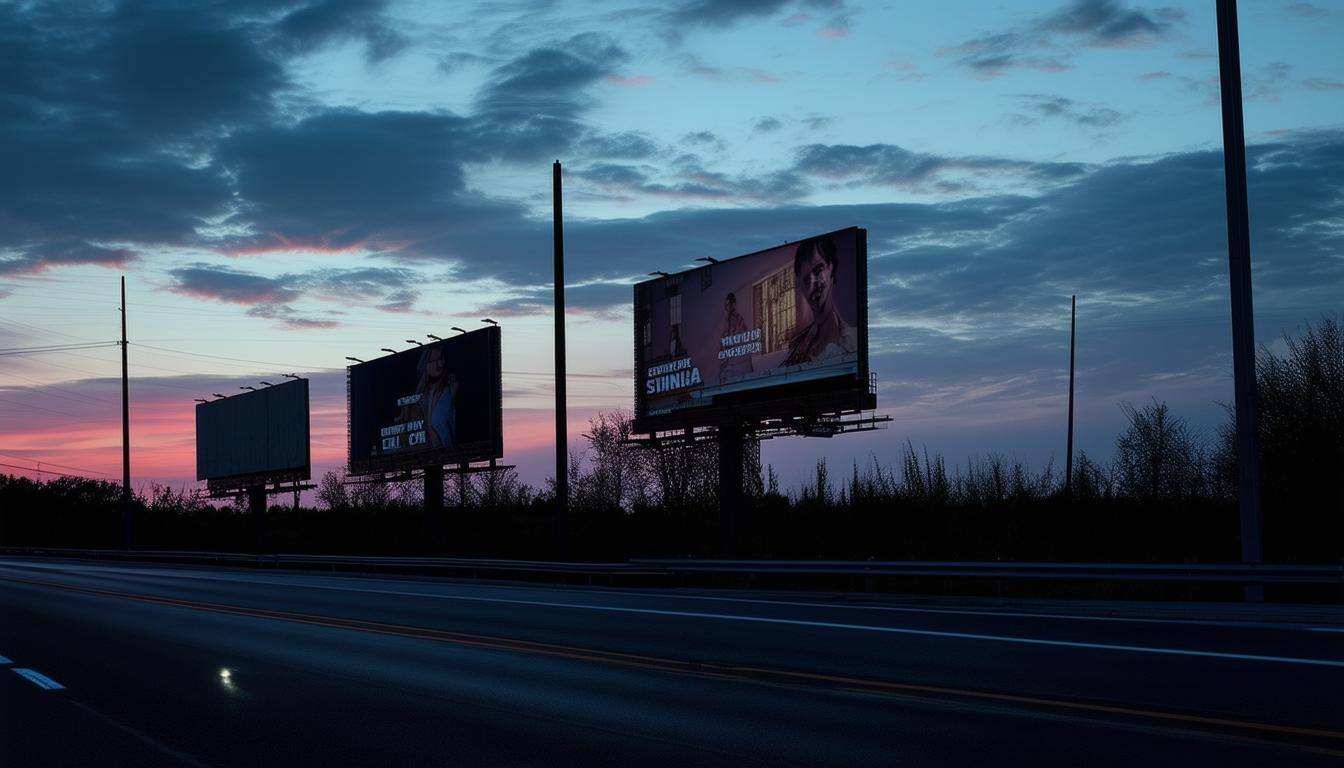 billboards line a highway at night